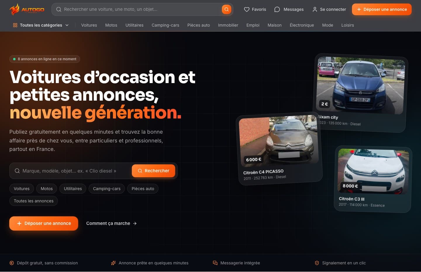Page publique d’AutoGo, capturée le 2 octobre 2026. Les annonces visibles sont celles affichées ce jour-là.
