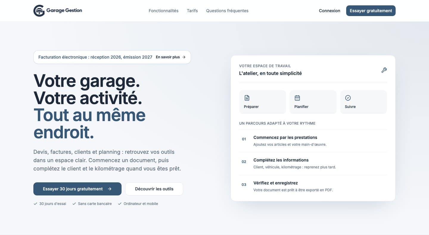 Page publique de GarageGestion, capturée le 2 octobre 2026.